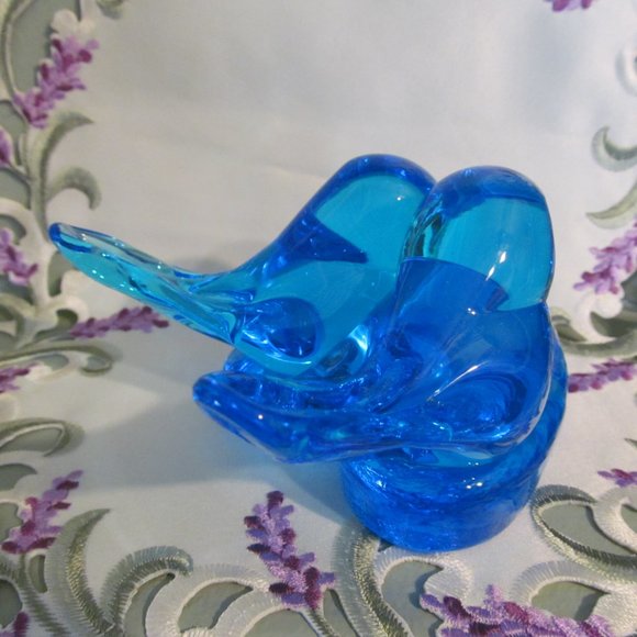 Vtg Blue Glass Double Bluebird of Happiness Bluebirds on Heart Leo Ward 1991 - Picture 4 of 16